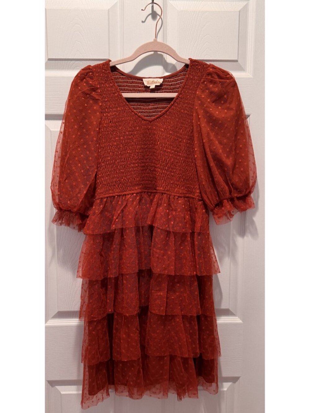 Listicle Rust Swiss Dot Tiered Dress Smocked Bodice Puff Sleeve Size S